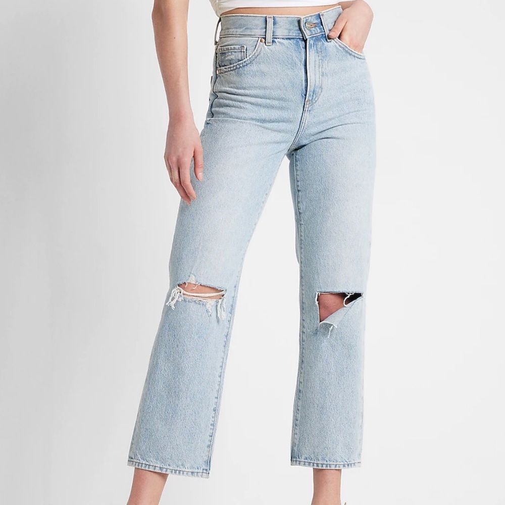 High waisted light wash ripped straight ankle jeans